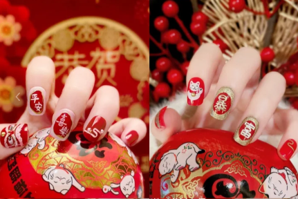 紅色喜慶卡通美甲，廣西美甲師學(xué)校整理